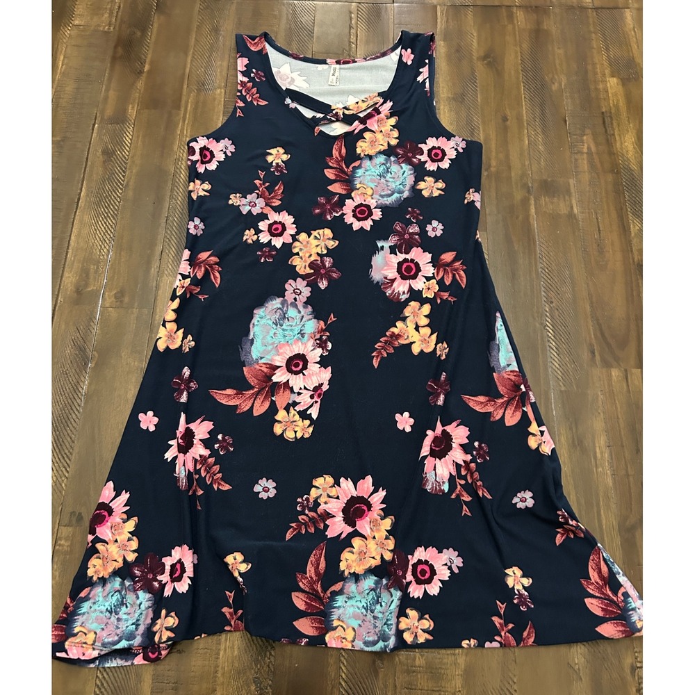 Mudd Floral A-Line Dress Small Navy Blue Excellent Lattice V-Neck Sleeveless